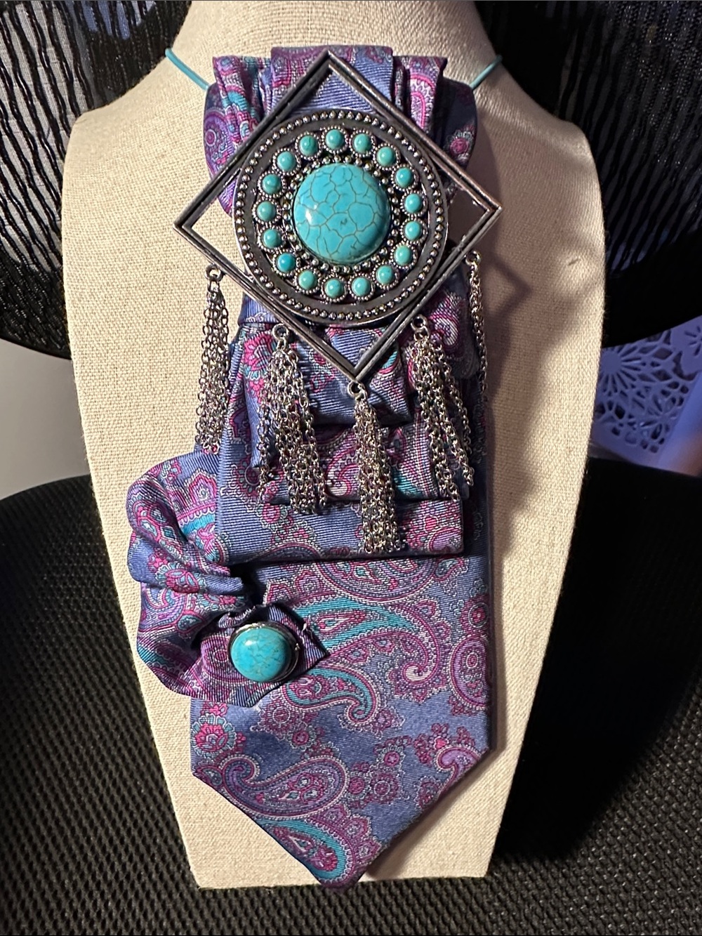 Vintage Buckingham Necklace Tie with Turquoise Pendant